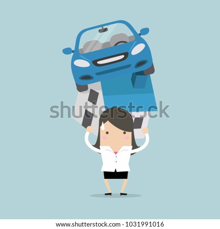 Businesswoman with debt carrying a home and car. vector