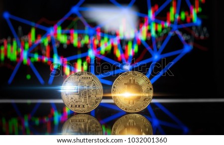 Bitcoins and New Virtual money concept.Gold bitcoins with digital background.Golden coin with icon letter B.Mining or blockchain technology