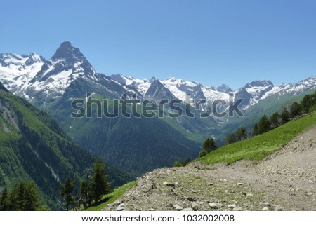 Close up mountains scenes in national park Dombai, Caucasus, Russia, Europe.