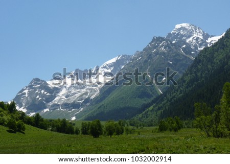 Close up mountains scenes in national park Dombai, Caucasus, Russia, Europe.