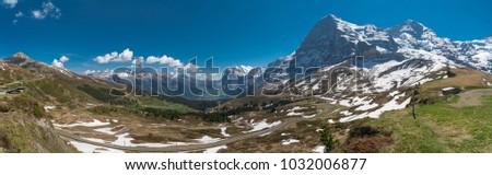 Spectacular view of the mountain Jungfrau and the four thousand meter peaks in the Bernese Alps from Greendeltwald valley, Switzerland Royalty-Free Stock Photo #1032006877