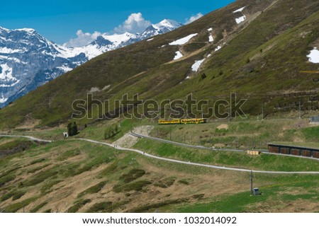 Spectacular view of the mountain Jungfrau and the four thousand meter peaks in the Bernese Alps from Greendeltwald valley, Switzerland