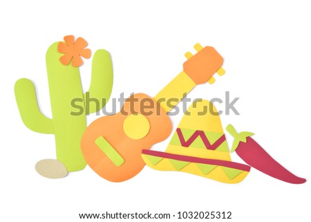 Sombrero and guitar paper cut on white background - isolated