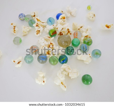 Popcorn and marble Many colored balls  on a white background,Abstract concept