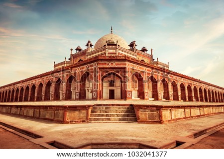 Humayun's tomb, built in the 16th century; is the resting place of the Mughal Emperor Humayun in Delhi, India. It is a UNESCO World Heritage site. Royalty-Free Stock Photo #1032041377