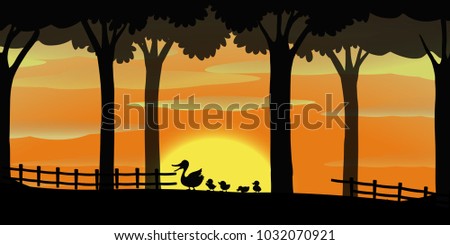 Silhouette background with ducks on the farm illustration