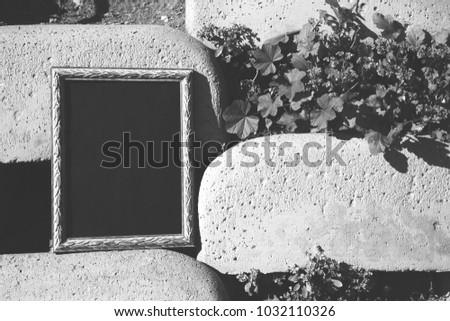 black and white frame for photography on a background of leaves. mock up.