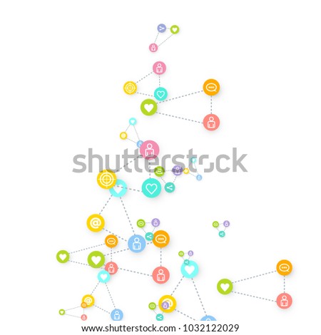 Social media marketing, Communication networking concept. Random icons social media services tags linked on white background. Comment, friend, like, share, target, message. Vector Internet concept.