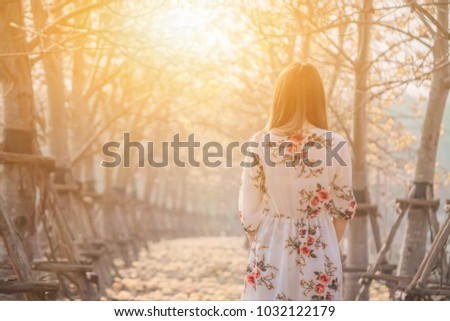 The long haired girl in a vintage dress walks on the flower path in the park and follows the orange beam of the sun in the bright summer morning alone to wait for someone.
Good morning concept.