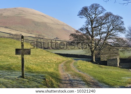 A footpath sign, tree and barn near Sedbergh, Cumbria, England