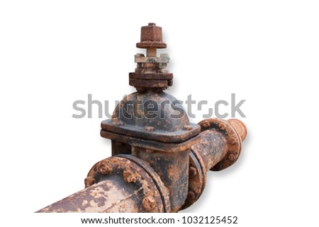 old water supply valve and steel pipe with rust on white backgro