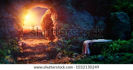 Crucifixion At Sunrise - Empty Tomb With Shroud - Resurrection Of Jesus Christ Royalty-Free Stock Photo #1032130249