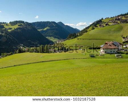 Idyllic landscape in the Alps with fresh green meadows and blooming flowers and snowcapped mountain tops in the background, Santa Maddalena, Italy, september 2017