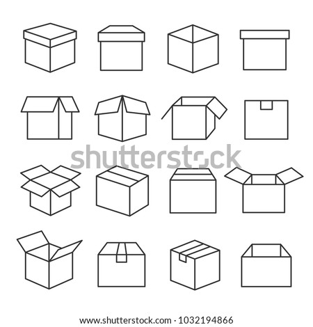 Carton boxes icon set. Paper box collection for packaging goods and materials, used for sending items through the postal services. Vector line art illustration isolated on white background Royalty-Free Stock Photo #1032194866