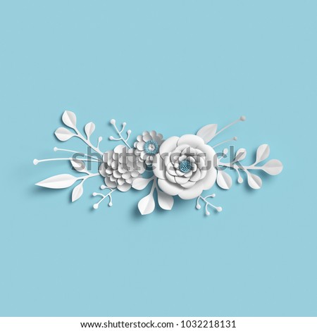 3d rendering, white paper flowers on blue background, isolated botanical clip art, bridal bouquet, wedding wall decoration, floral border
