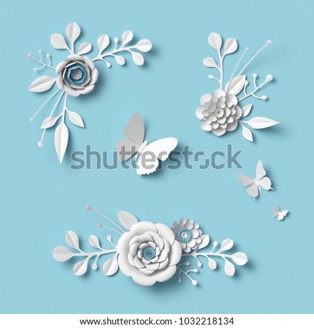 3d rendering, white paper flowers on blue background, isolated floral design elements, botanical clip art set, bridal bouquet, lace wedding wall decoration