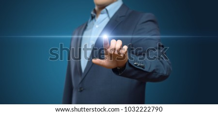 Businessman pressing button. Innovation technology internet business concept. Space for text. Royalty-Free Stock Photo #1032222790