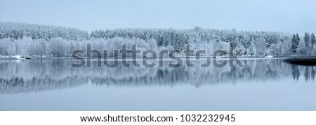 Beautiful misty winter panorama. Scenic landscape .Snowy forest by the lake in Lithuania 