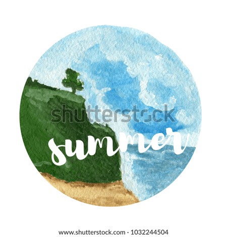 Watercolor landscape background. Beautiful summer beach.