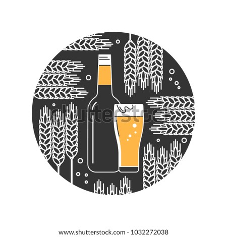A glass of beer and a bottle. Wheat. Linear icon. Modern line style. Vector illustration. Menu, restaurant, brewery. Set of isolated elements.