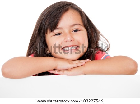 Gorgeous girl leaning on a banner - isolated over a white background