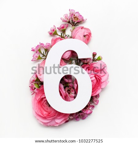 Layout with colorful flowers, leaves and number six. Flat lay. Top view.