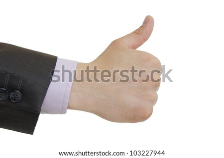a suited man holding thumbs up on white background