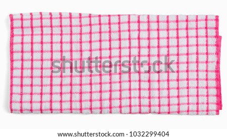 Red white checkered kitchen napkin. Towel isolated on white background, flat lay top view.