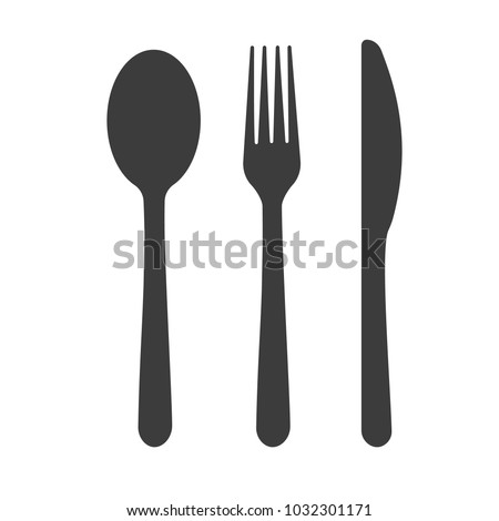 Set of fork spoon and knife. Black vector illustration on white background. Royalty-Free Stock Photo #1032301171
