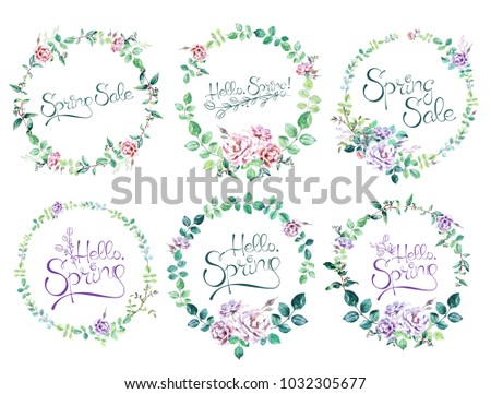 Watercolor Hand Drawn Floral Illustration, gentle wreath banner with calligraphy elements. Cute layout for greeting card, wedding invitation, wrapping, calendar, print and web design, poster, promo