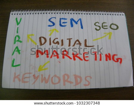Text Digital Marketing hand written by black oil pastel on notebook paper