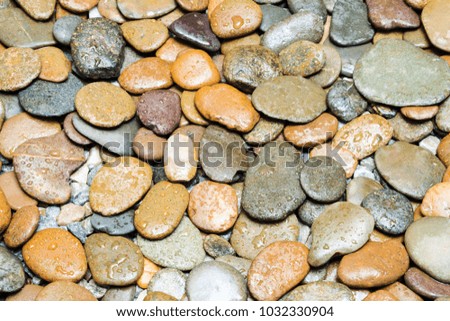 Wet brown pebbles stone texture on the ground in bathroom. Abstract nature background.
