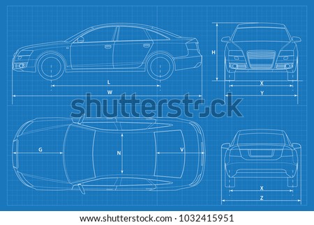 Car schematic or car blueprint. Vector illustration. Sedan car in outline. Business sedan vehicle template vector. View front, rear, side, top Royalty-Free Stock Photo #1032415951