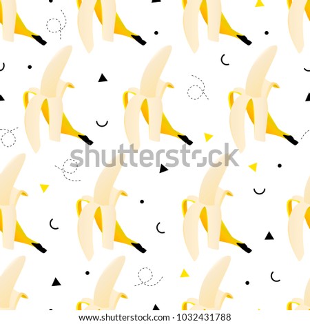 Seamless vector pattern with bananas and geometric shapes around on a white background.
