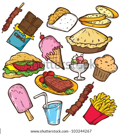 set of junk food in doodle style