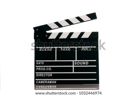 Clapper board isolated on white background with copy space. Movie production clapper board, close-up. Wooden black clapper board front view.