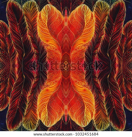 Seamless pattern. Feathers - decorative composition. Multicolored feathers - batik. Wallpaper.  Use printed materials, signs, posters, postcards, packaging.  