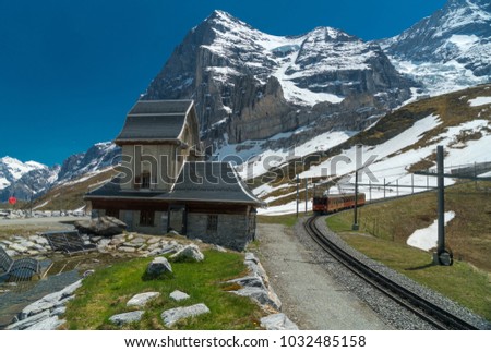 Spectacular view of the mountain Jungfrau and the four thousand meter peaks in the Bernese Alps from Greendeltwald valley, Switzerland Royalty-Free Stock Photo #1032485158