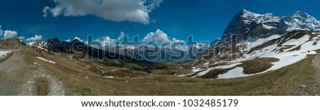 Spectacular view of the mountain Jungfrau and the four thousand meter peaks in the Bernese Alps from Greendeltwald valley, Switzerland Royalty-Free Stock Photo #1032485179