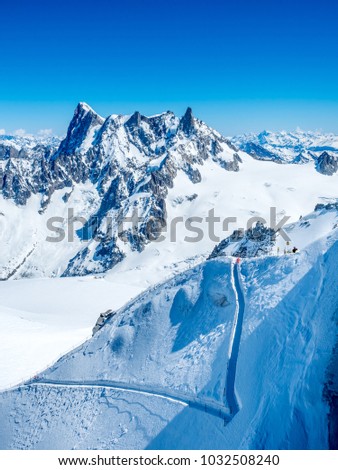 Viewpoint around top of Mont Blanc mountain peak, highest peak of Europe, in Chamoix Mont-Blanc town, with freeze snow view and cold climate, in France
