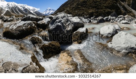 Panorama of Mount Cook with river flowing over rocks in the foreground, Mount Cook Aoraki National Park, New Zealand