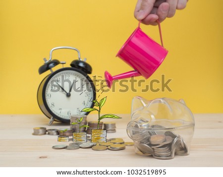watering can and money tree drawn concept for business investment, savings and making money.