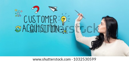 Customer Acquisition with young woman holding a pen on a blue background