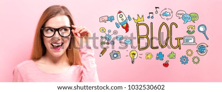 Blog with happy young woman holding her glasses