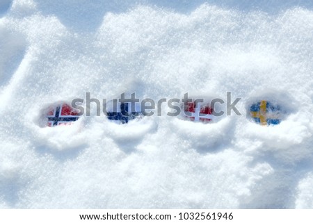 Flags of the Scandinavian countries in the snow. Stuck in the snow flag of Norway, Denmark, Sweden, Finland.