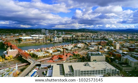 Beautiful aerial view of Broadway bridge and steel bridge over the willamette river in the pearl district of Portland Oregon