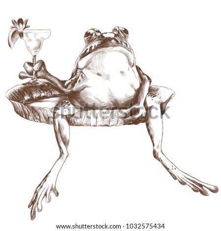 the toad sits with a raised paw with a cocktail on the big flat Lily pad, sketch vector graphics monochrome drawing