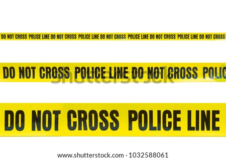 Do not cross police line tape yellow isolated on white background. This has clipping path. Royalty-Free Stock Photo #1032588061