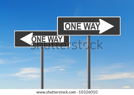 Two One Way roadsigns indicating opposite directions over blue sky - confusion concept