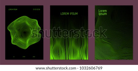 Cover Design Templates Set with Wavy Lines in Modern Style. Gradient Texture with Curves Stripes and Text. Trendy Covers for Brochure, Magazine, Presentation, Musical Posters. Abstract Backgrounds.